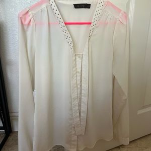 Sheer white button down top with rhinestone detail